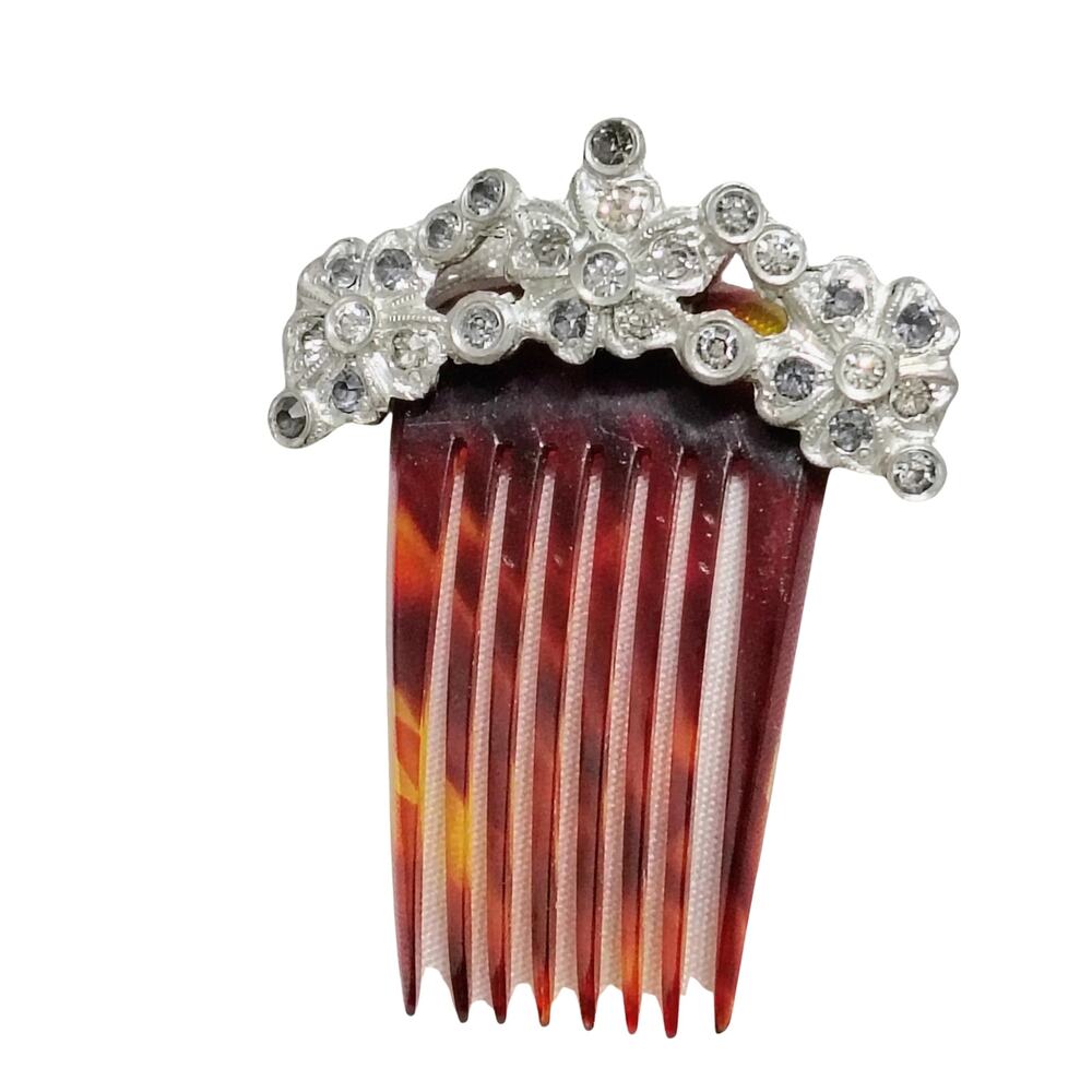 1920s Comb Tortoise Shell Celluloid Metal Gemstone Flower Adorned Hair Accessory